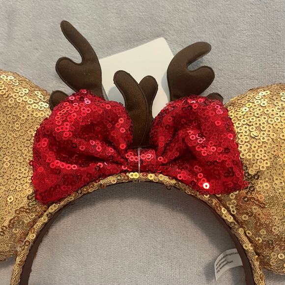 Disney Gold Red Sequin Reindeer Mickey Mouse Ears Christmas Holiday Neon Tuesday - Picture 2 of 6